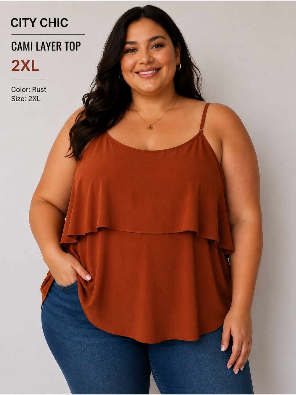 City Chic Rust Layered Cami Top - Warm Rust Tone